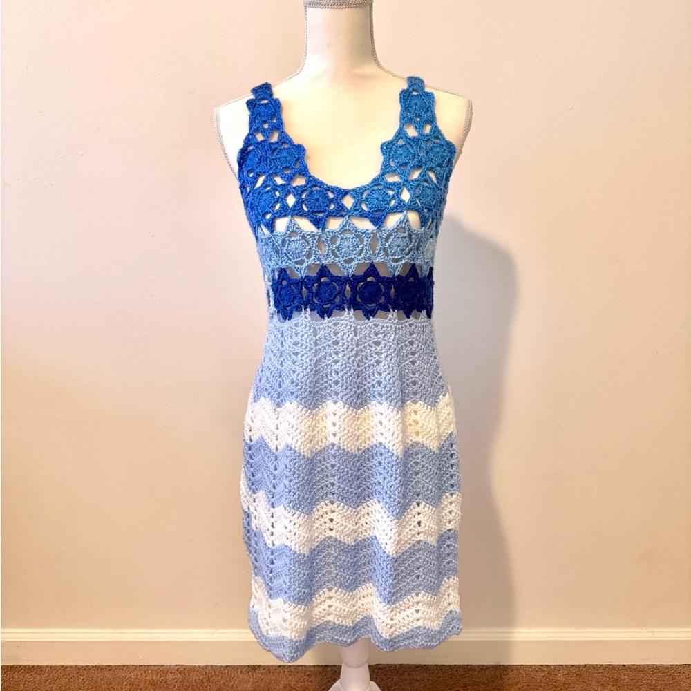Blue and White Crochet Sleeveless Dress